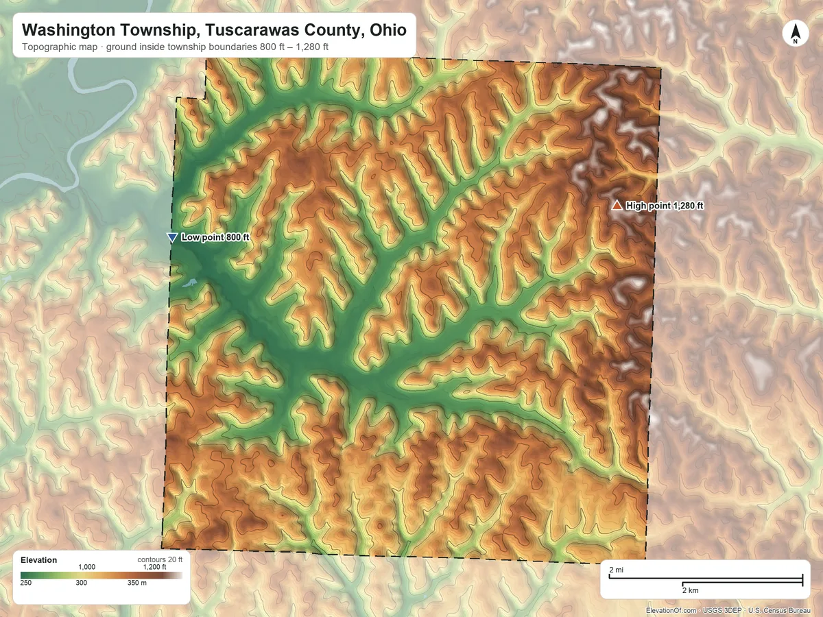 Topographic elevation map of Washington Township, Tuscarawas County, Ohio, shaded from 800 ft on the west side to 1,280 ft on the northeast side