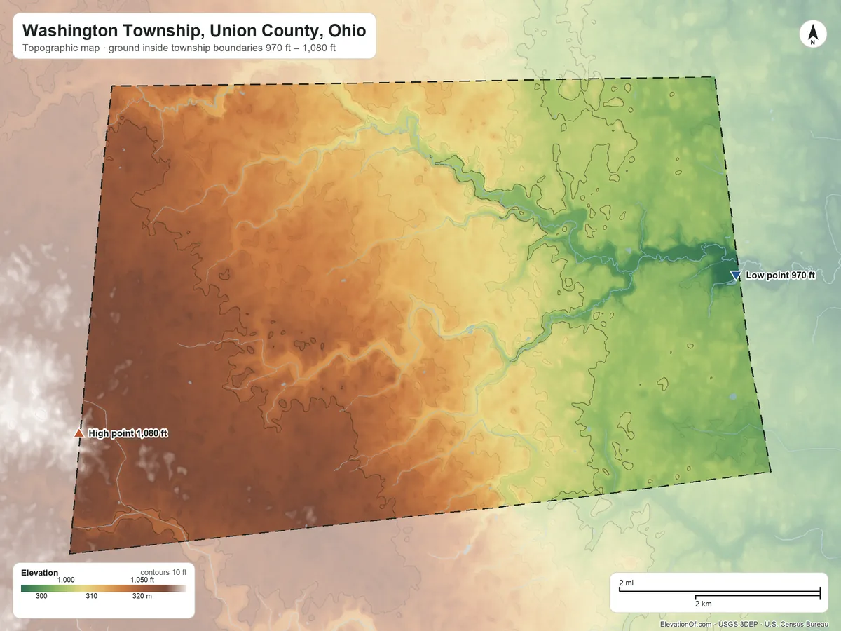 Topographic elevation map of Washington Township, Union County, Ohio, shaded from 970 ft on the east side to 1,080 ft on the west side