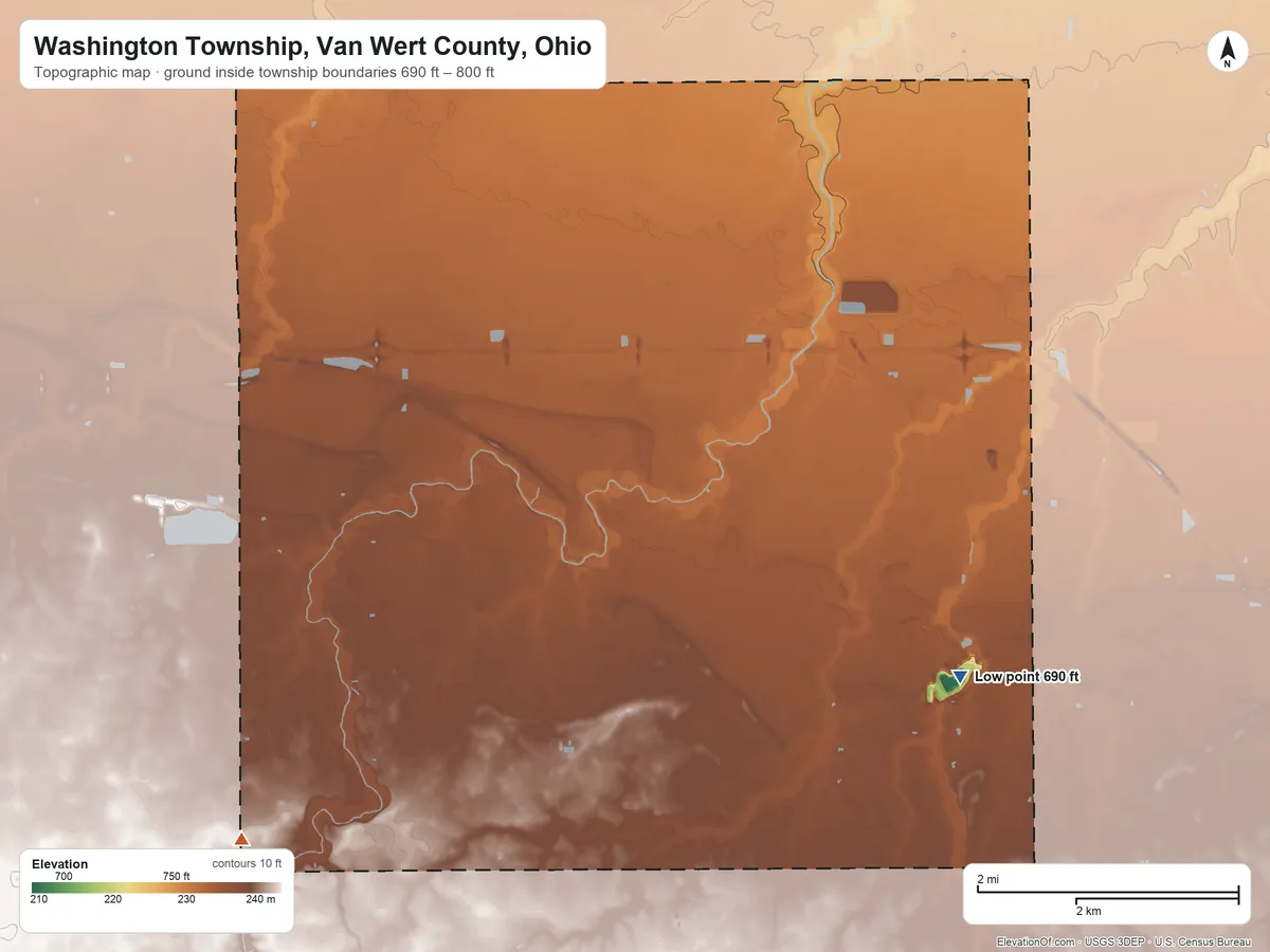 Topographic elevation map of Washington Township, Van Wert County, Ohio, shaded from 690 ft on the southeast side to 800 ft on the southwest side