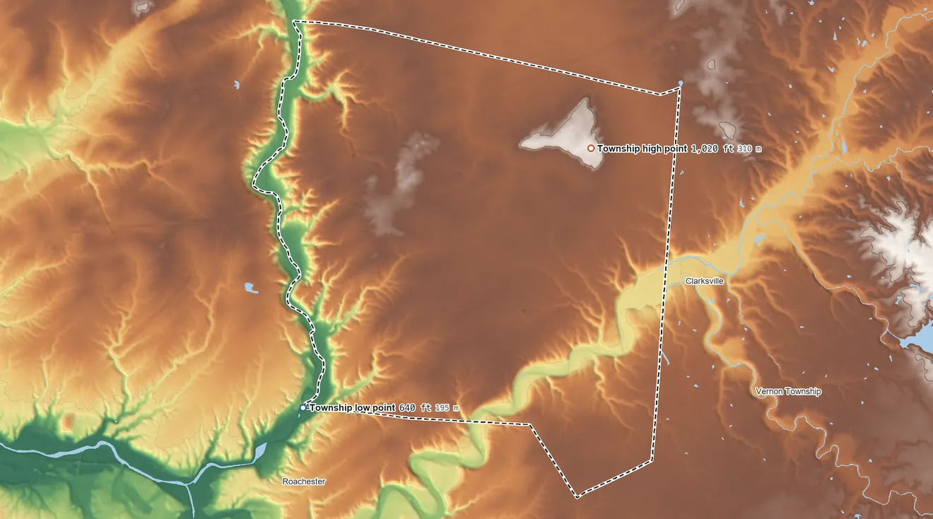 Topographic elevation map of Washington Township, Warren County, Ohio, shaded from 640 ft on the southwest side to 1,020 ft on the northeast side
