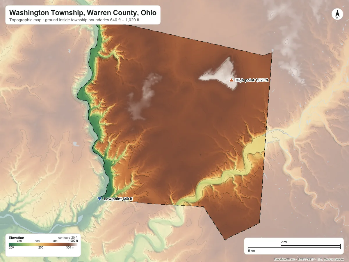 Topographic elevation map of Washington Township, Warren County, Ohio, shaded from 640 ft on the southwest side to 1,020 ft on the northeast side