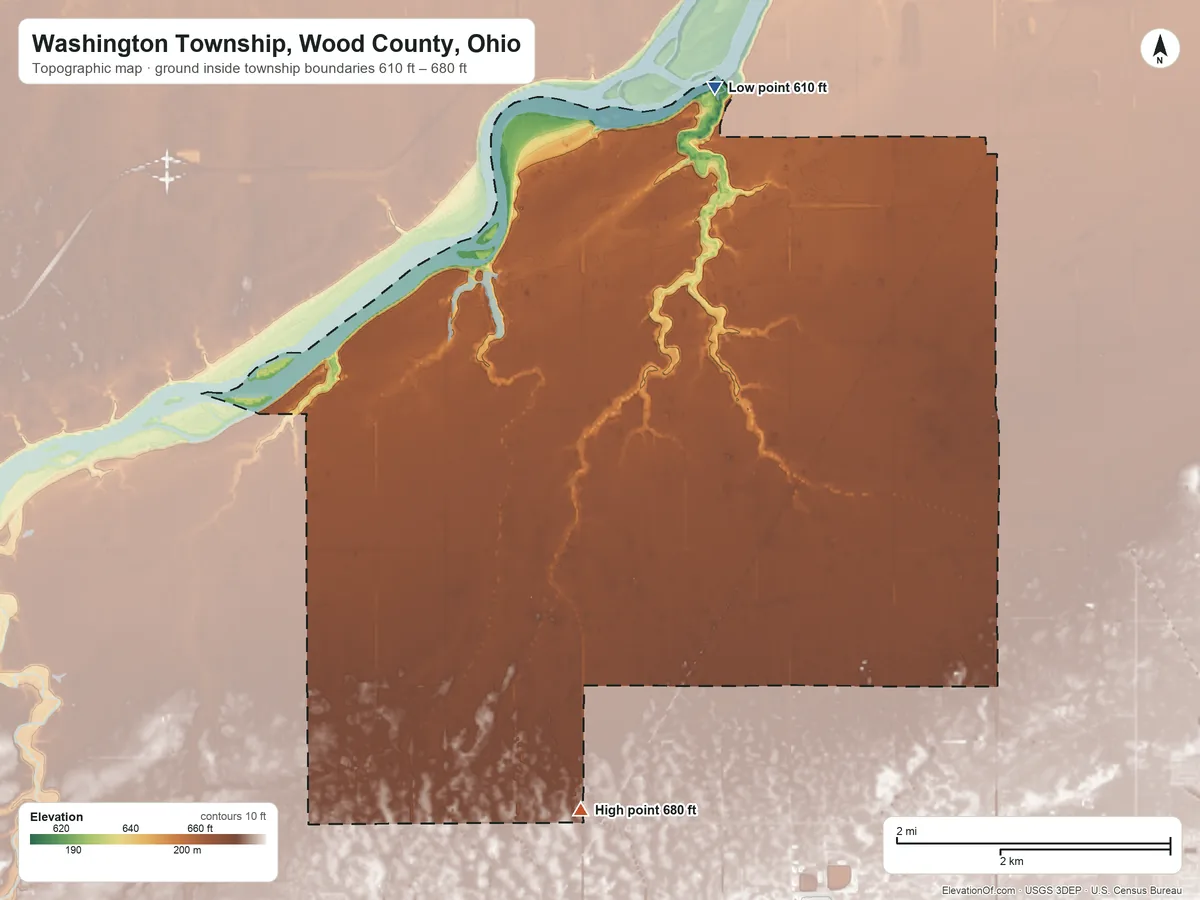 Topographic elevation map of Washington Township, Wood County, Ohio, shaded from 610 ft on the north side to 680 ft on the south side