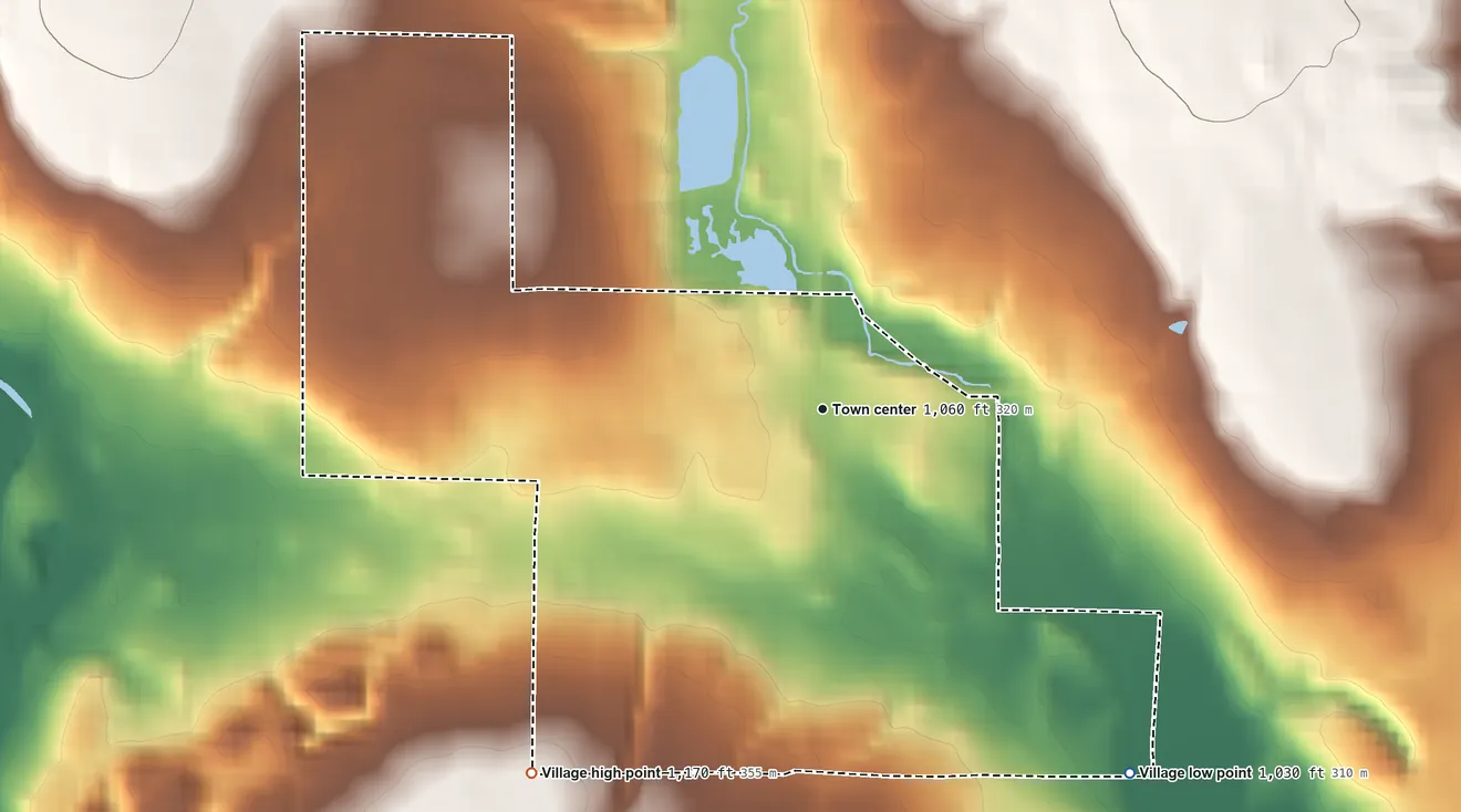 Topographic elevation map of Washingtonville, Ohio, shaded from 1,030 ft on the southeast side to 1,170 ft on the southwest side