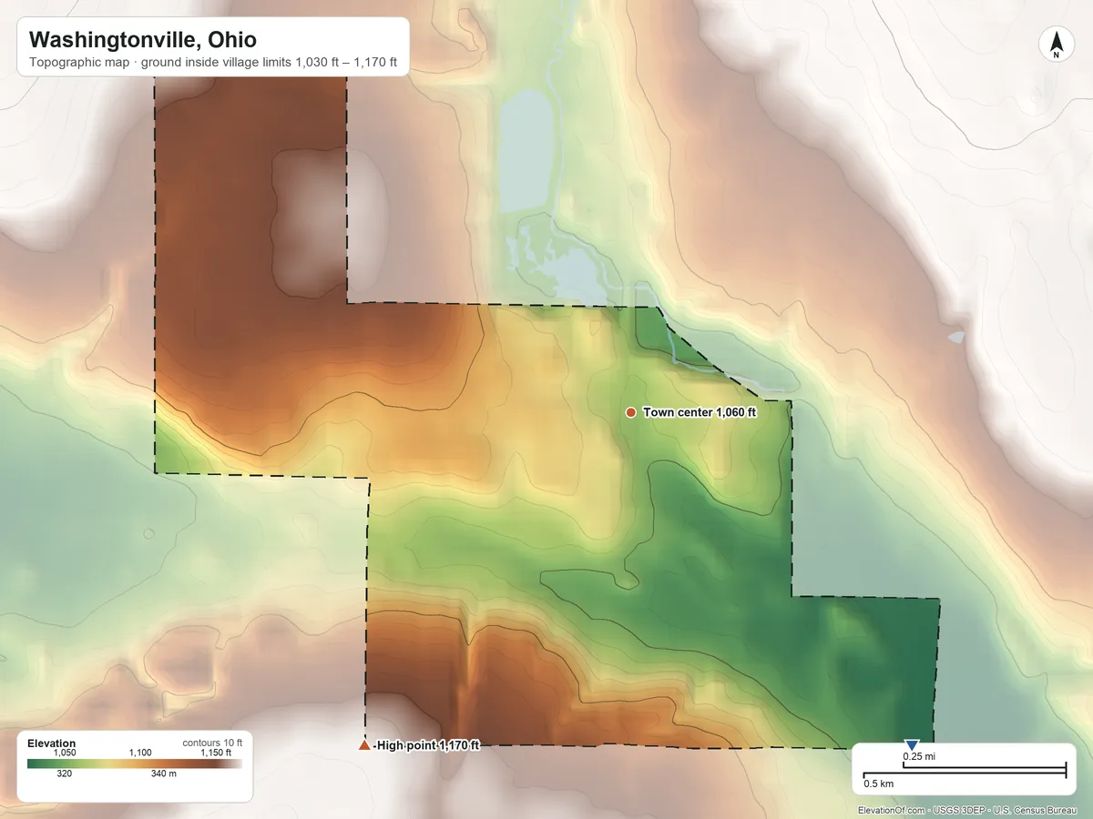 Topographic elevation map of Washingtonville, Ohio, shaded from 1,030 ft on the southeast side to 1,170 ft on the southwest side