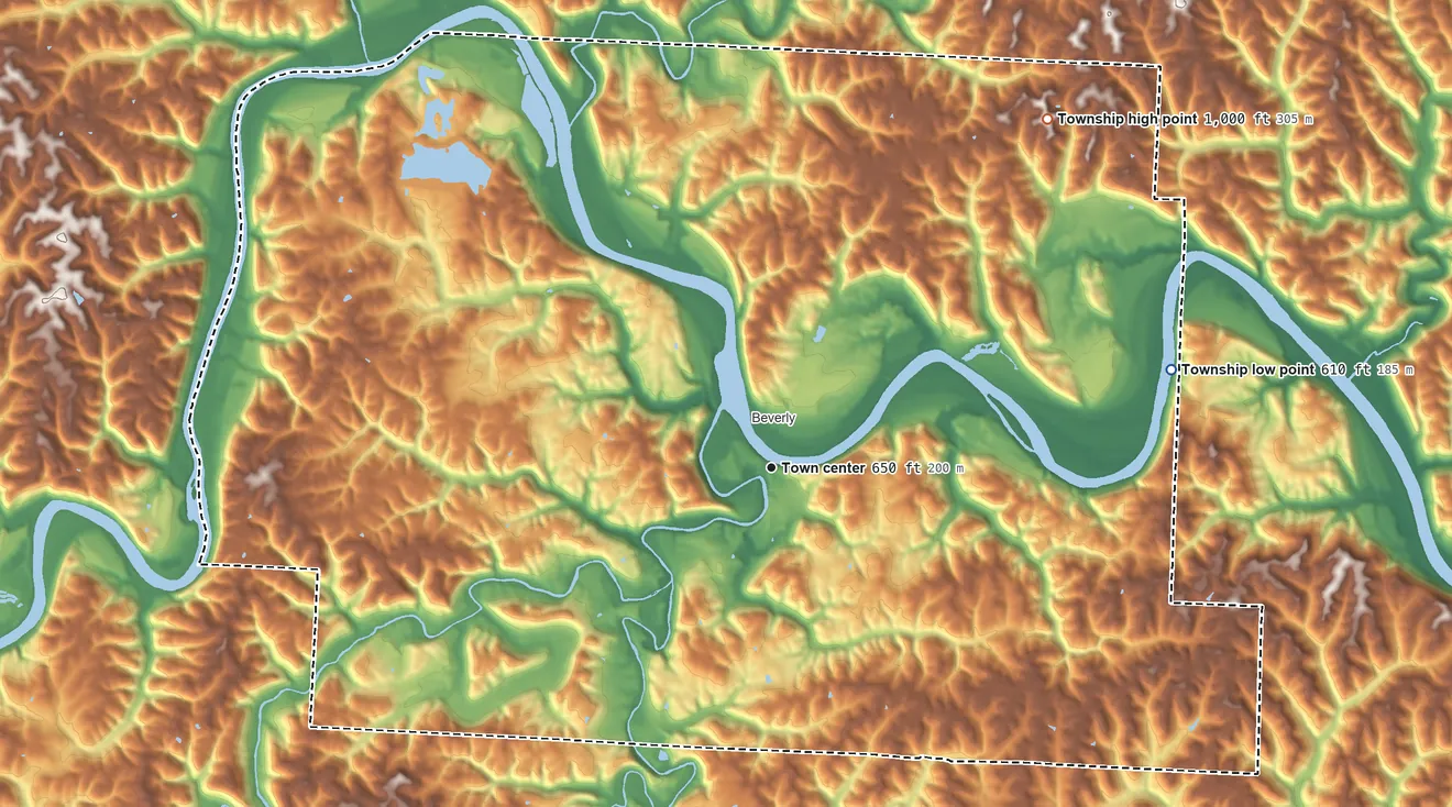 Topographic elevation map of Waterford Township, Ohio, shaded from 610 ft on the east side to 1,000 ft on the northeast side