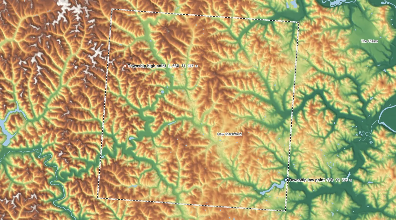 Topographic elevation map of Waterloo Township, Ohio, shaded from 670 ft on the southeast side to 1,030 ft on the northwest side