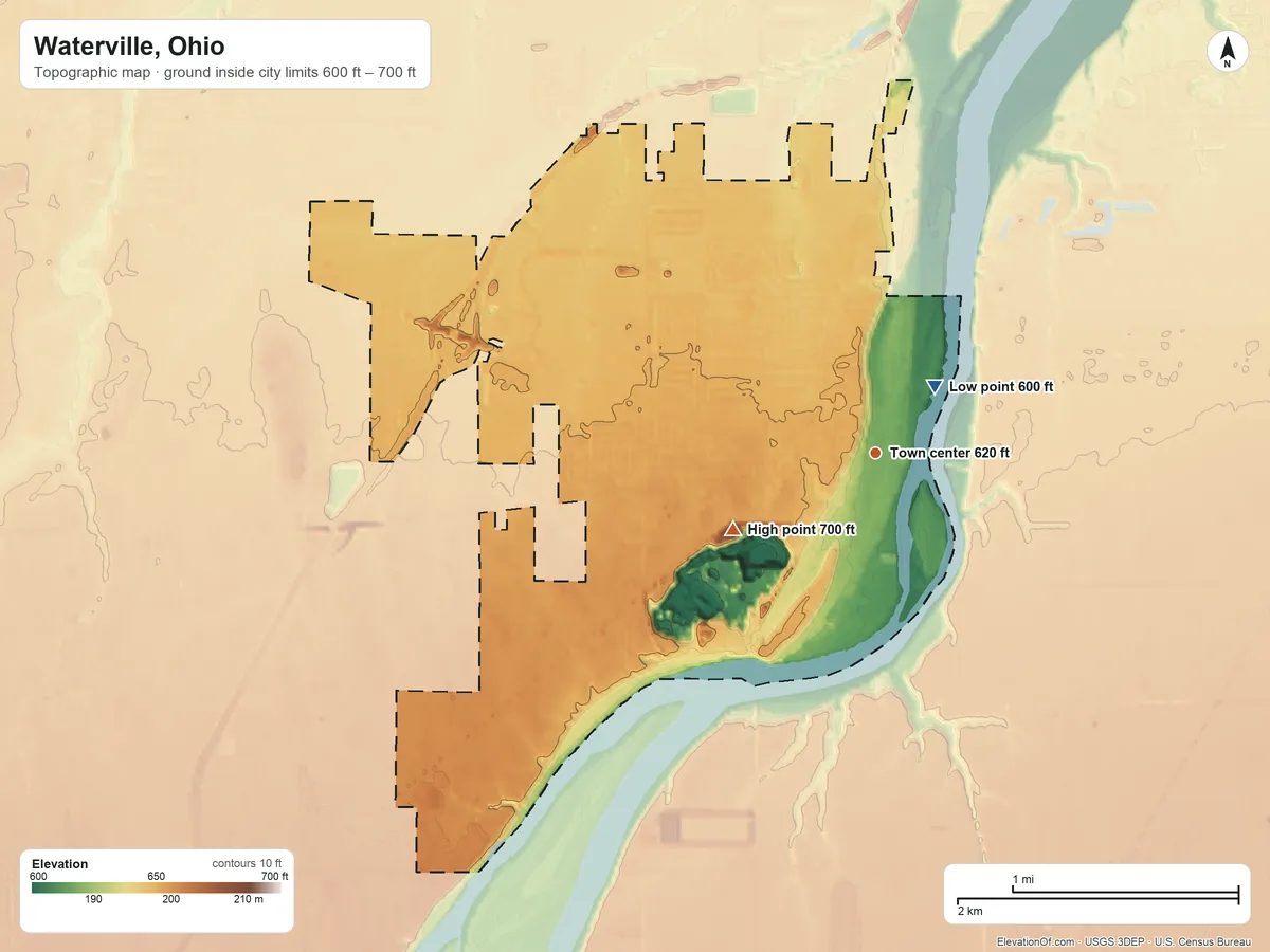 Topographic elevation map of Waterville, Ohio, shaded from 600 ft near the middle to 700 ft on the southwest side