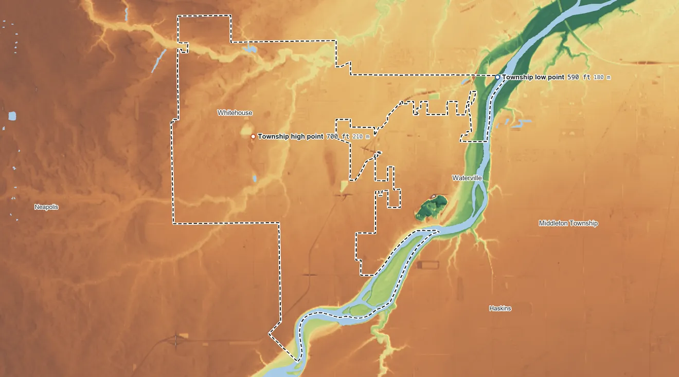 Topographic elevation map of Waterville Township, Ohio, shaded from 590 ft on the east side to 700 ft near the middle