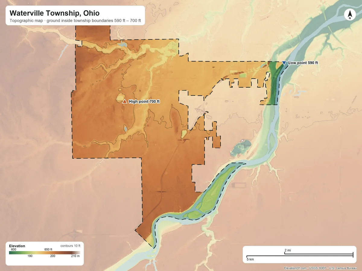 Topographic elevation map of Waterville Township, Ohio, shaded from 590 ft on the east side to 700 ft near the middle