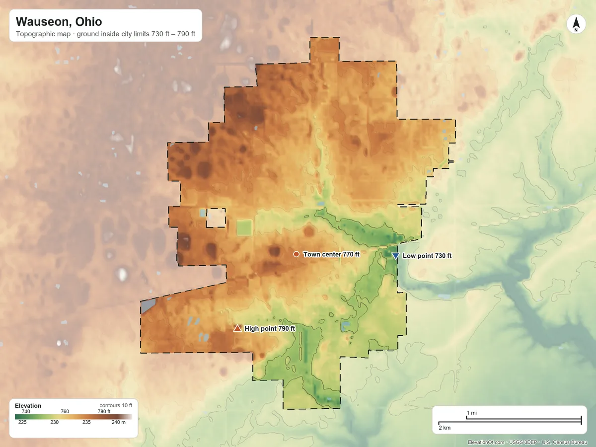 Topographic elevation map of Wauseon, Ohio, shaded from 730 ft on the east side to 790 ft on the southwest side