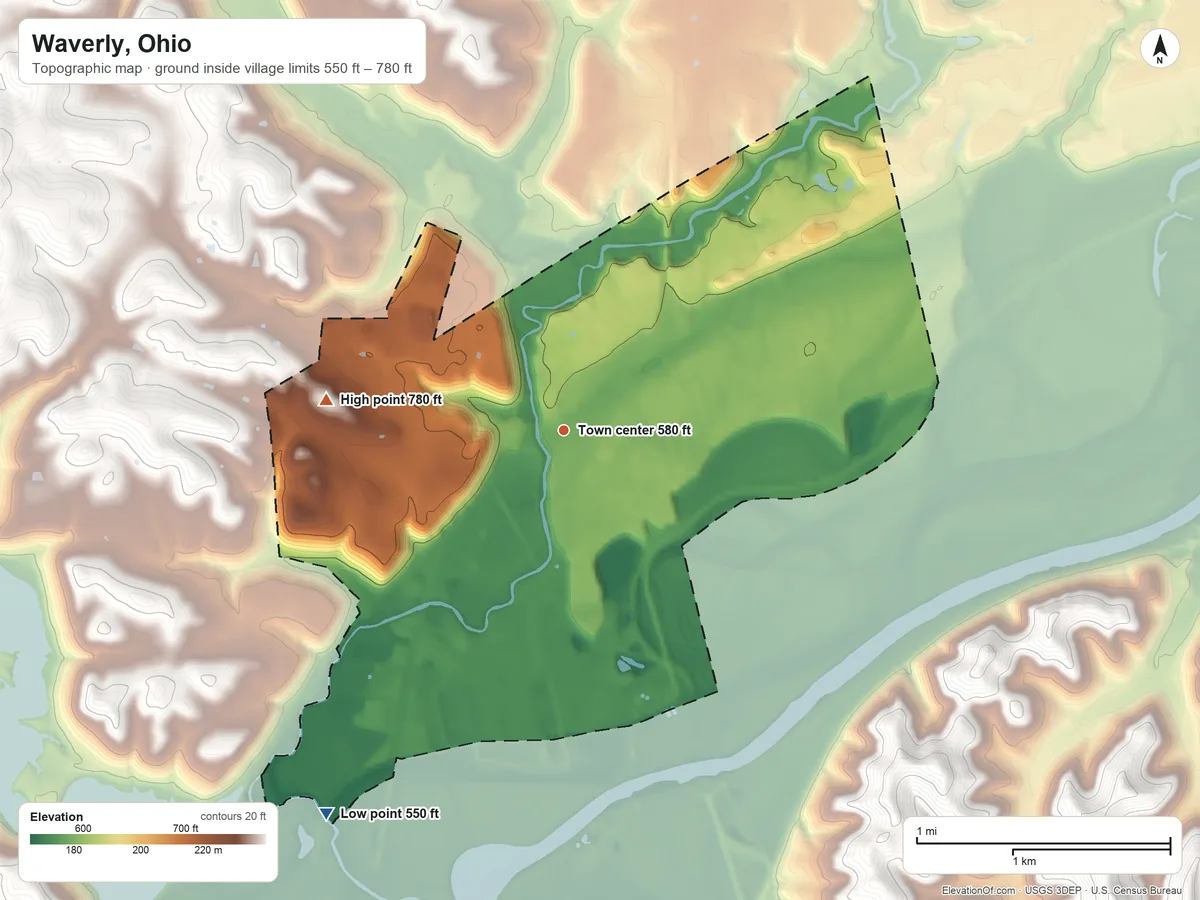 Topographic elevation map of Waverly, Ohio, shaded from 550 ft on the southwest side to 780 ft on the west side