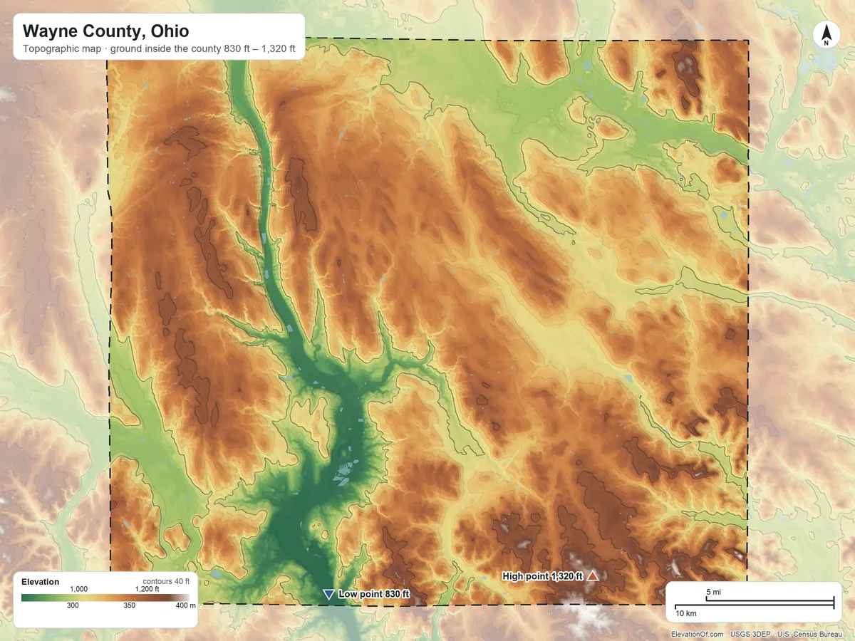 Topographic elevation map of Wayne County, Ohio, shaded from 830 ft on the south side to 1,320 ft on the southeast side