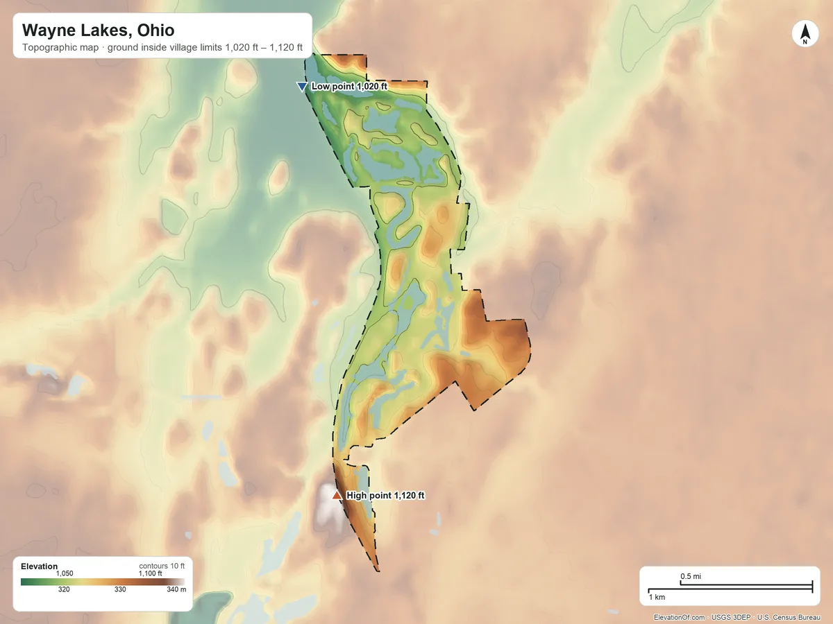 Topographic elevation map of Wayne Lakes, Ohio, shaded from 1,020 ft on the northwest side to 1,120 ft on the south side
