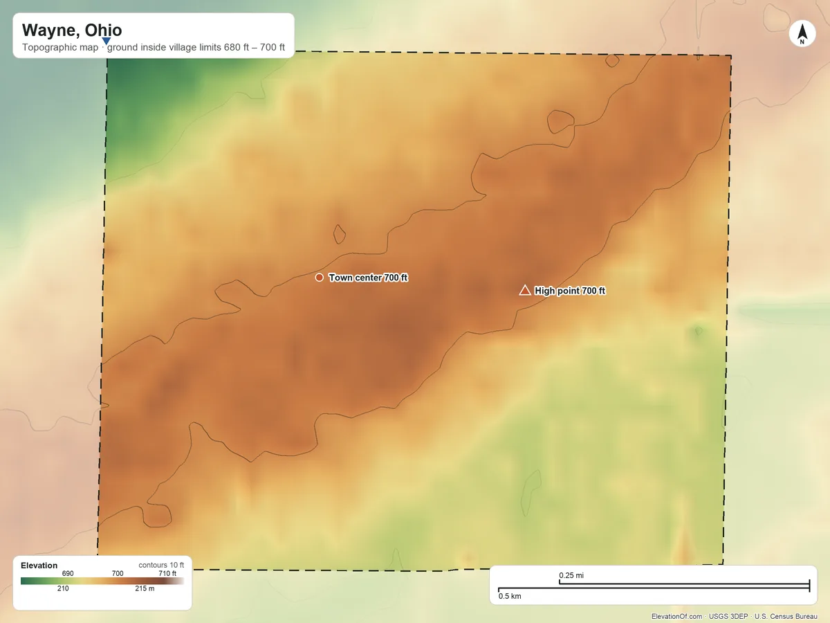 Topographic elevation map of Wayne, Ohio, shaded from 680 ft on the northwest side to 700 ft on the east side