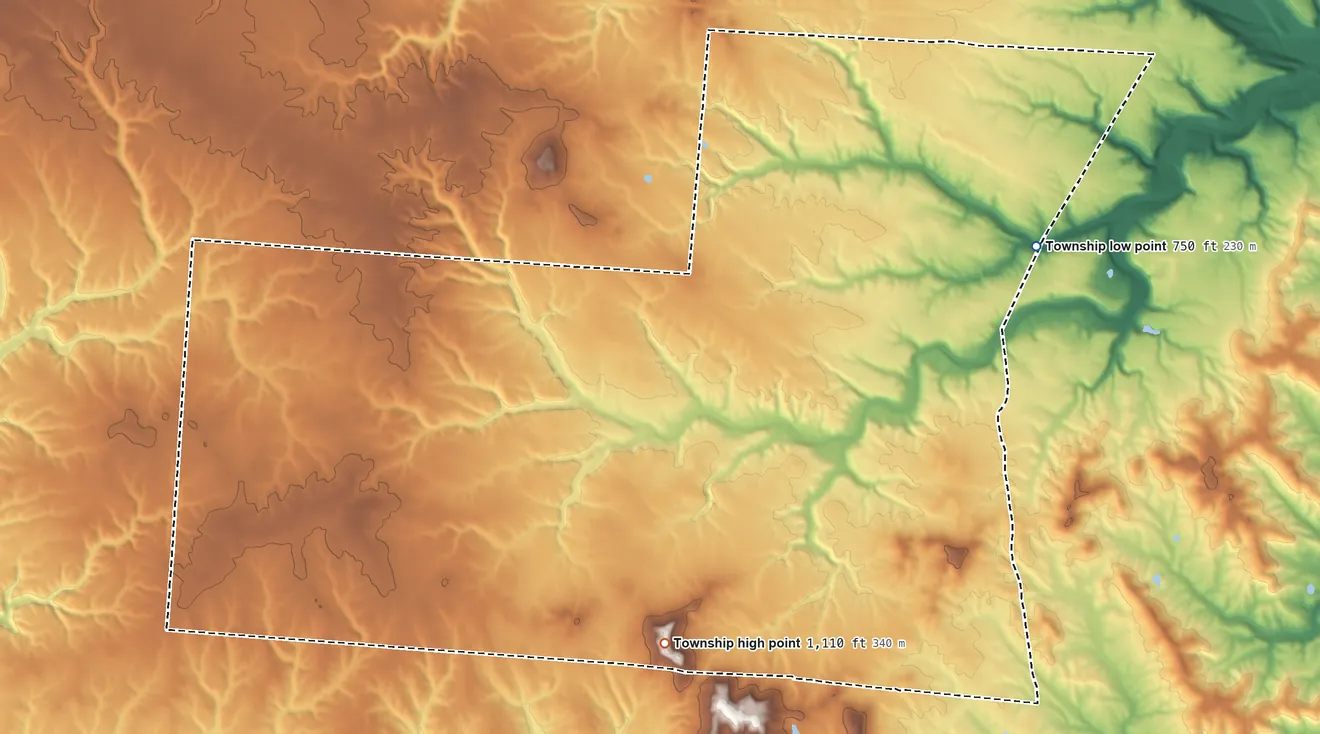 Topographic elevation map of Wayne Township, Adams County, Ohio, shaded from 750 ft on the northeast side to 1,110 ft on Spencer Hill