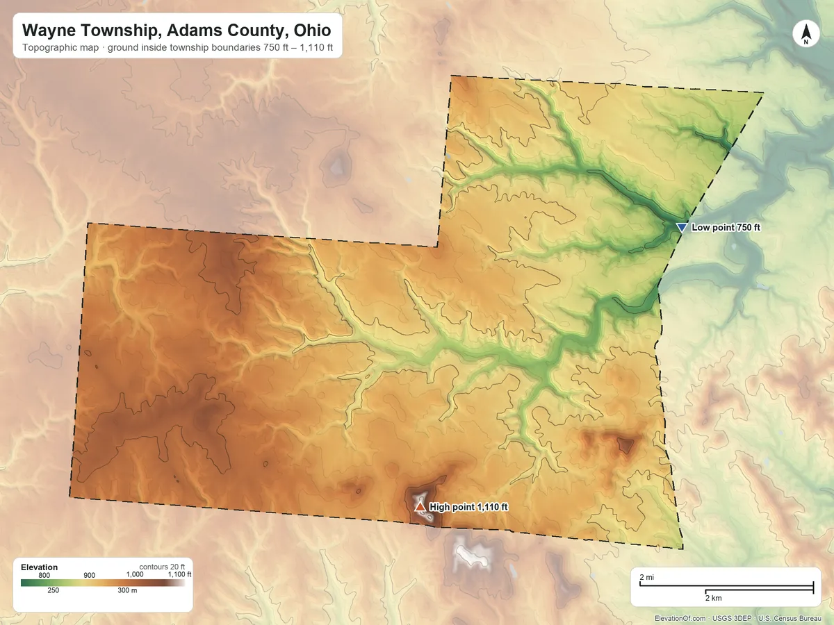 Topographic elevation map of Wayne Township, Adams County, Ohio, shaded from 750 ft on the northeast side to 1,110 ft on Spencer Hill
