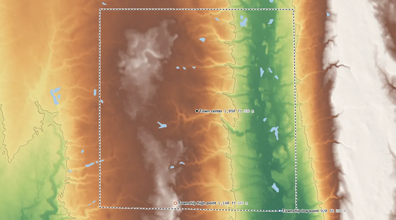 Topographic elevation map of Wayne Township, Ashtabula County, Ohio, shaded from 920 ft on the southeast side to 1,140 ft on the south side