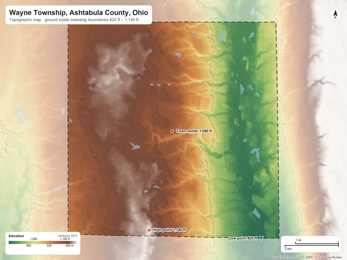 Topographic elevation map of Wayne Township, Ashtabula County, Ohio, shaded from 920 ft on the southeast side to 1,140 ft on the south side