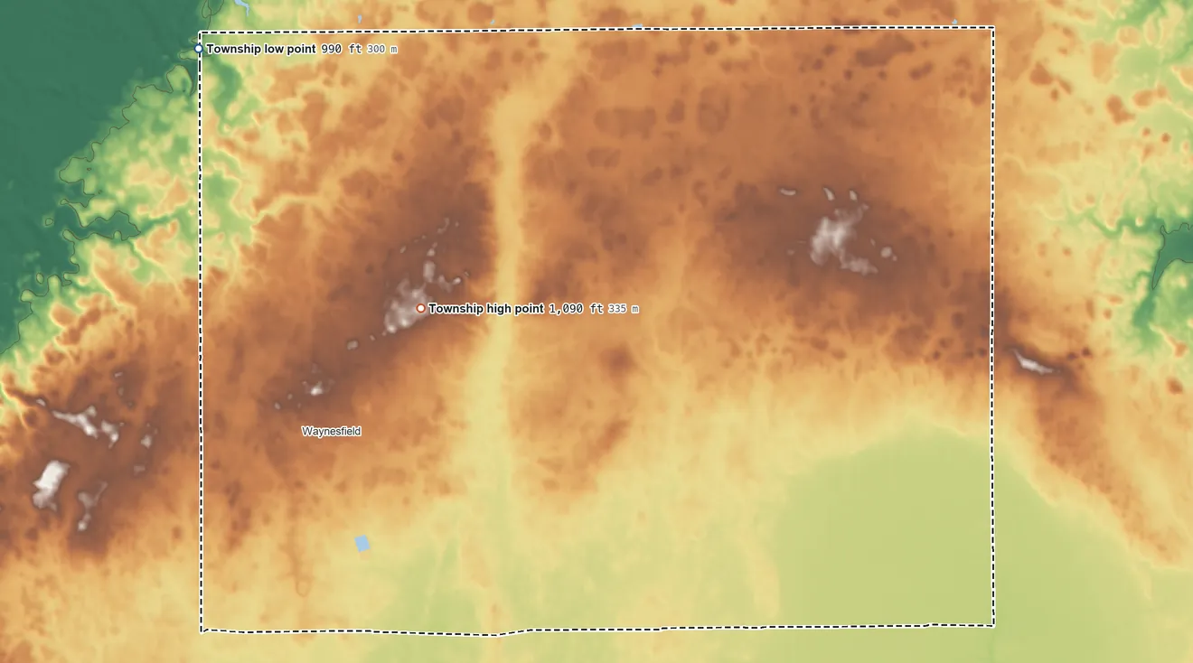 Topographic elevation map of Wayne Township, Auglaize County, Ohio, shaded from 990 ft on the northwest side to 1,090 ft near the middle