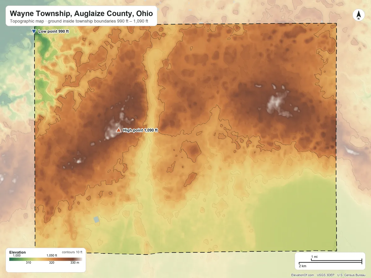 Topographic elevation map of Wayne Township, Auglaize County, Ohio, shaded from 990 ft on the northwest side to 1,090 ft near the middle