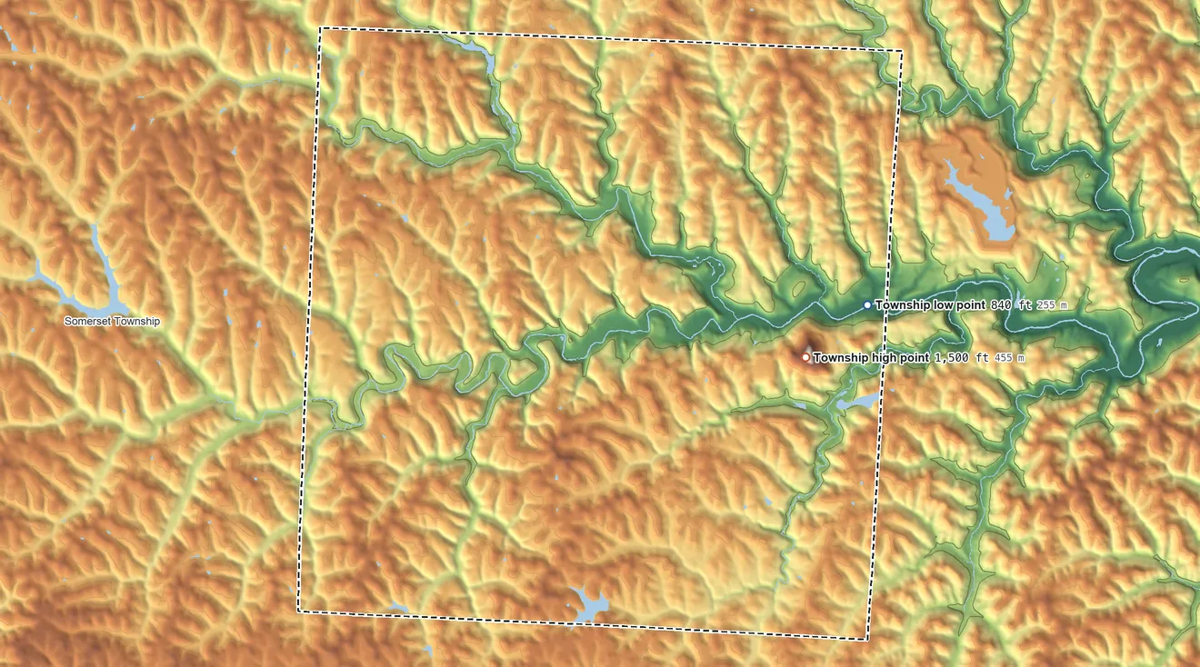 Topographic elevation map of Wayne Township, Belmont County, Ohio, shaded from 840 ft on the east side to 1,500 ft on the east side