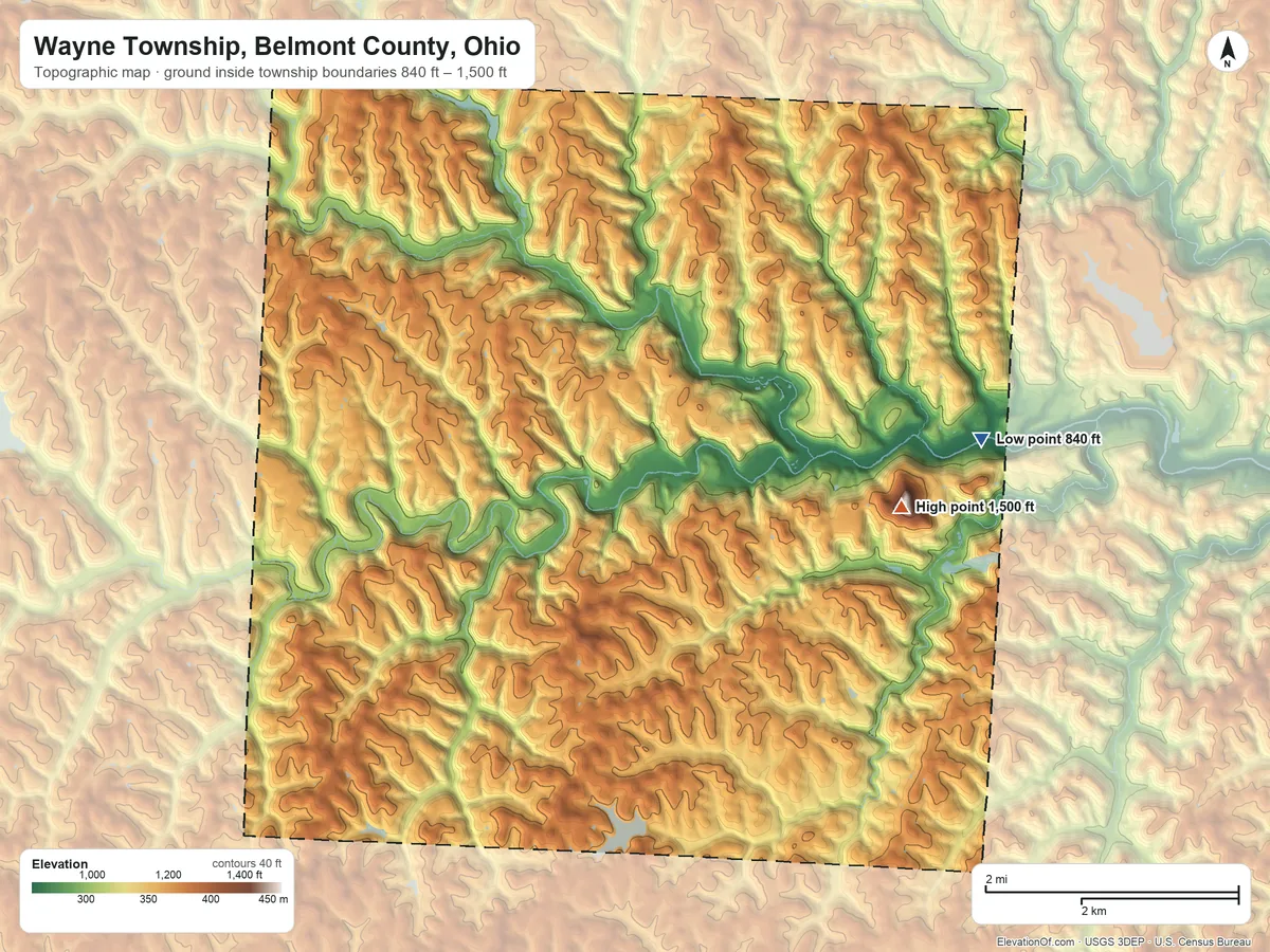Topographic elevation map of Wayne Township, Belmont County, Ohio, shaded from 840 ft on the east side to 1,500 ft on the east side