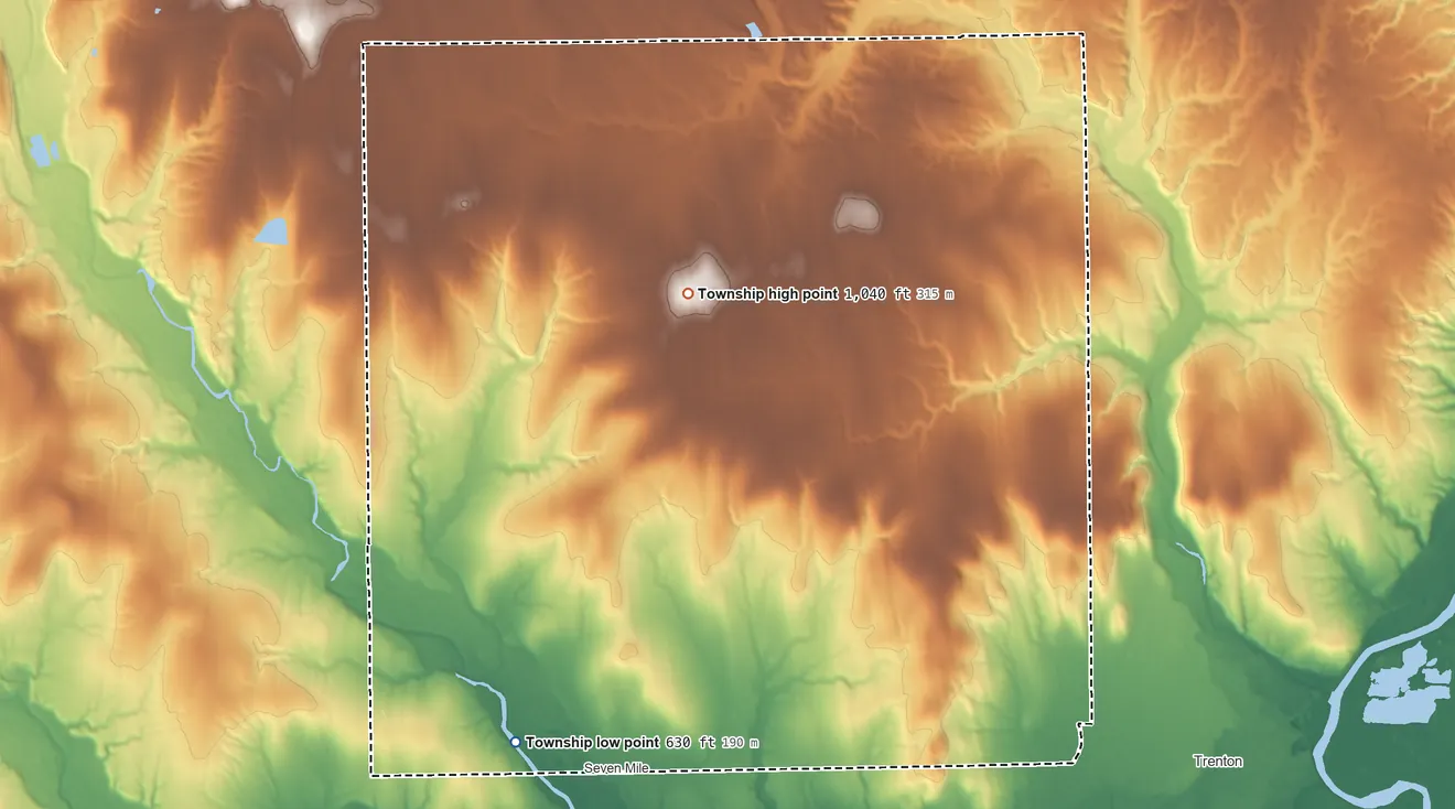 Topographic elevation map of Wayne Township, Butler County, Ohio, shaded from 630 ft on the southwest side to 1,040 ft on the north side