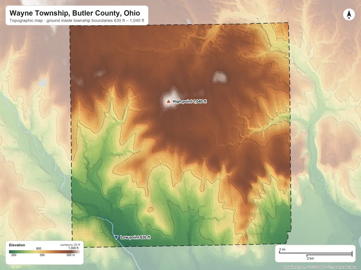 Topographic elevation map of Wayne Township, Butler County, Ohio, shaded from 630 ft on the southwest side to 1,040 ft on the north side