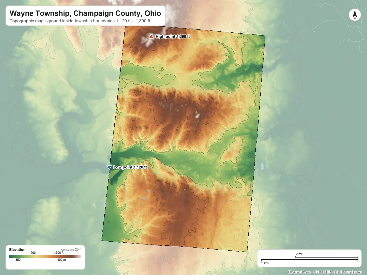 Topographic elevation map of Wayne Township, Champaign County, Ohio, shaded from 1,120 ft on the west side to 1,390 ft on the north side