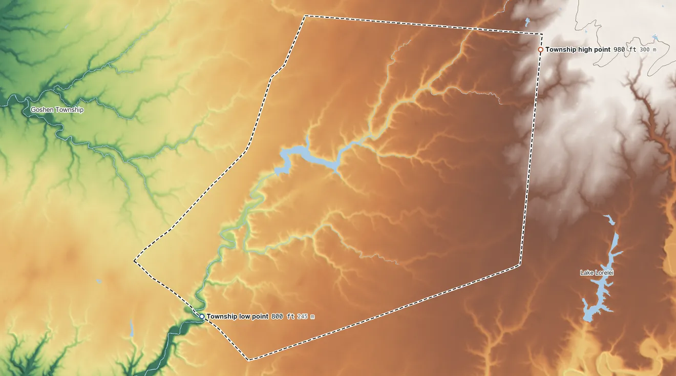 Topographic elevation map of Wayne Township, Clermont County, Ohio, shaded from 800 ft on the southwest side to 980 ft on the northeast side