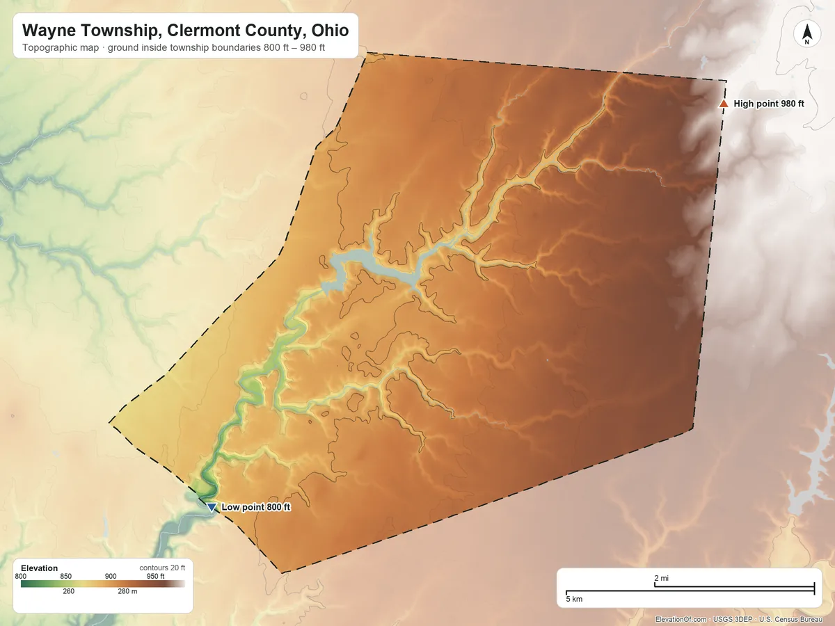 Topographic elevation map of Wayne Township, Clermont County, Ohio, shaded from 800 ft on the southwest side to 980 ft on the northeast side
