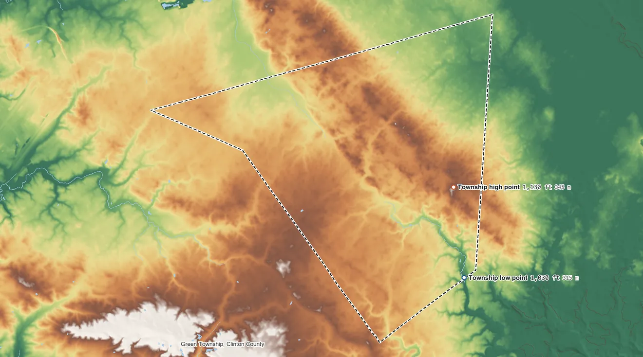 Topographic elevation map of Wayne Township, Clinton County, Ohio, shaded from 1,030 ft on the southeast side to 1,130 ft on the east side