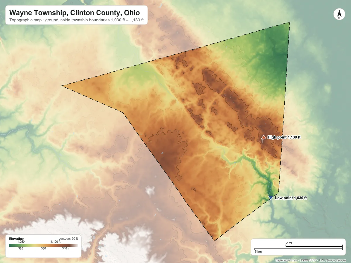 Topographic elevation map of Wayne Township, Clinton County, Ohio, shaded from 1,030 ft on the southeast side to 1,130 ft on the east side