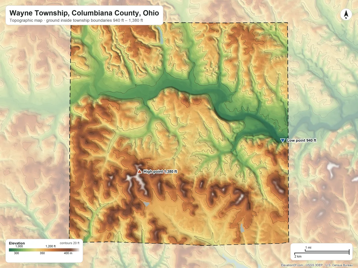 Topographic elevation map of Wayne Township, Columbiana County, Ohio, shaded from 940 ft on the east side to 1,380 ft on the southwest side