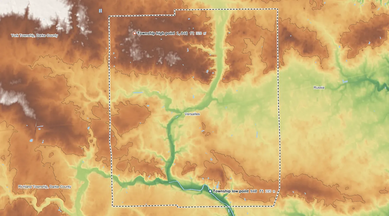 Topographic elevation map of Wayne Township, Darke County, Ohio, shaded from 940 ft on the south side to 1,040 ft on the northwest side