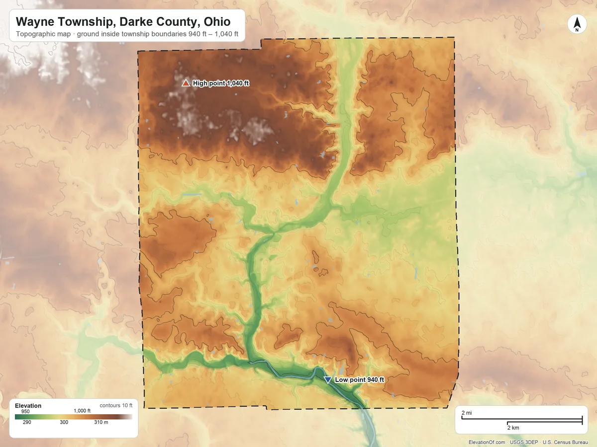 Topographic elevation map of Wayne Township, Darke County, Ohio, shaded from 940 ft on the south side to 1,040 ft on the northwest side