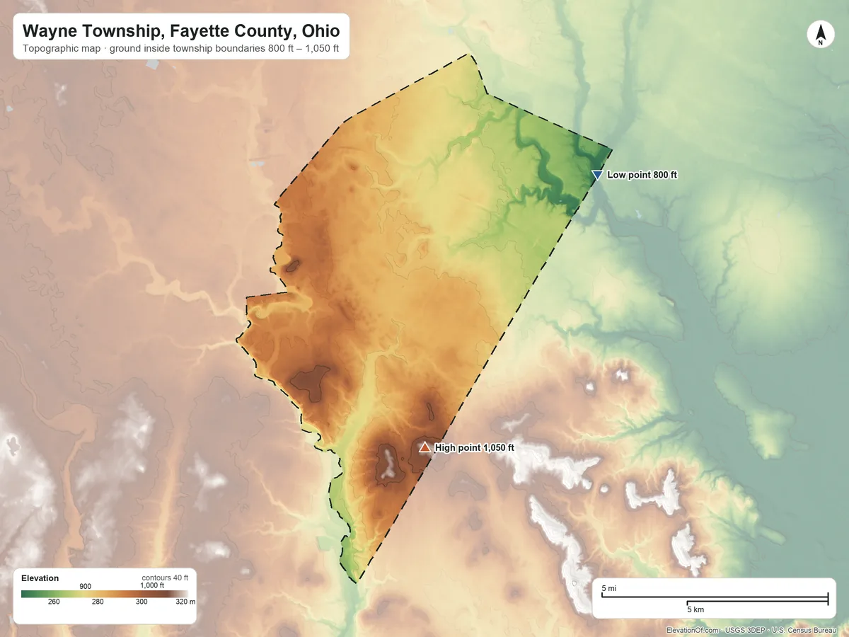 Topographic elevation map of Wayne Township, Fayette County, Ohio, shaded from 800 ft on the northeast side to 1,050 ft on the southeast side