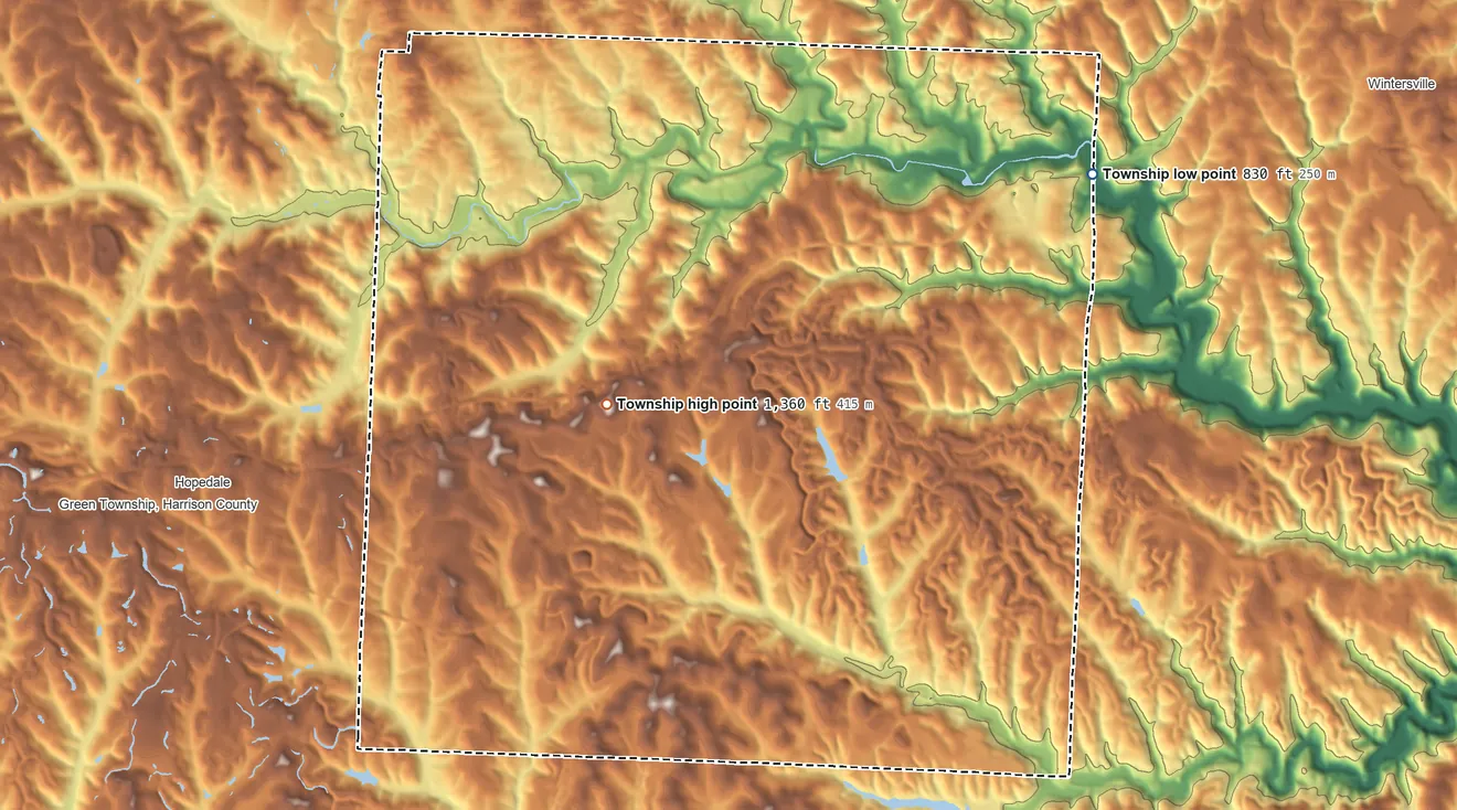 Topographic elevation map of Wayne Township, Jefferson County, Ohio, shaded from 830 ft on the east side to 1,360 ft on the southwest side