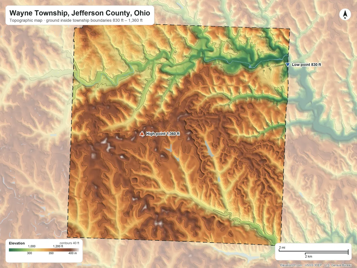 Topographic elevation map of Wayne Township, Jefferson County, Ohio, shaded from 830 ft on the east side to 1,360 ft on the southwest side
