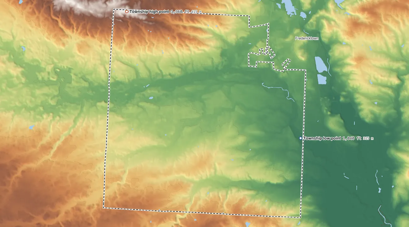 Topographic elevation map of Wayne Township, Knox County, Ohio, shaded from 1,040 ft on the east side to 1,360 ft on the northwest side
