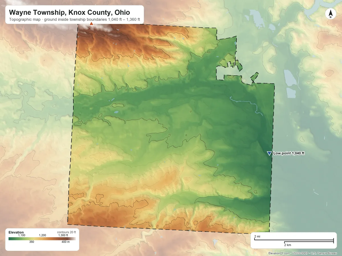 Topographic elevation map of Wayne Township, Knox County, Ohio, shaded from 1,040 ft on the east side to 1,360 ft on the northwest side