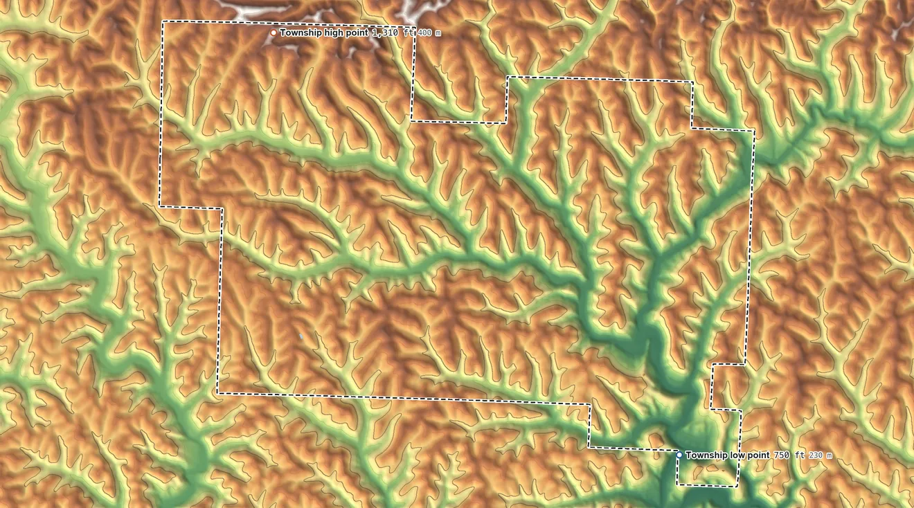 Topographic elevation map of Wayne Township, Monroe County, Ohio, shaded from 750 ft on the southeast side to 1,310 ft on the northwest side