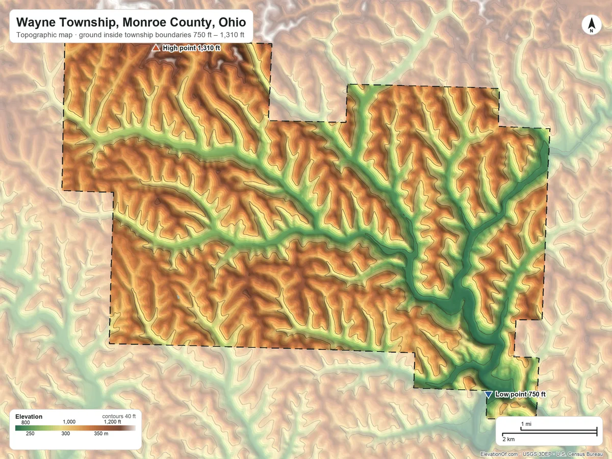 Topographic elevation map of Wayne Township, Monroe County, Ohio, shaded from 750 ft on the southeast side to 1,310 ft on the northwest side