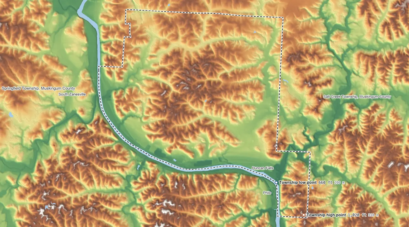 Topographic elevation map of Wayne Township, Muskingum County, Ohio, shaded from 660 ft on the southeast side to 1,020 ft on the southeast side