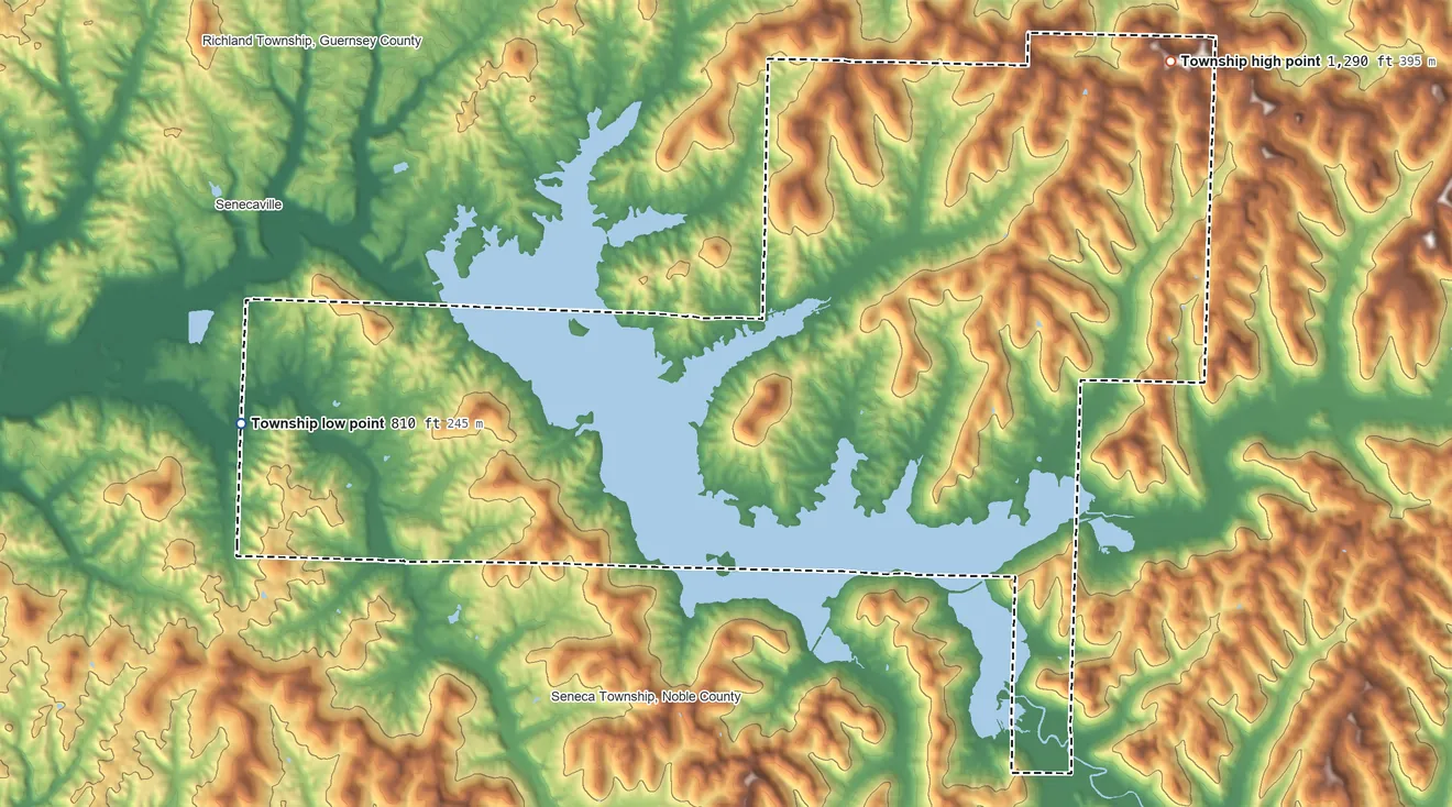Topographic elevation map of Wayne Township, Noble County, Ohio, shaded from 810 ft on the west side to 1,290 ft on the northeast side