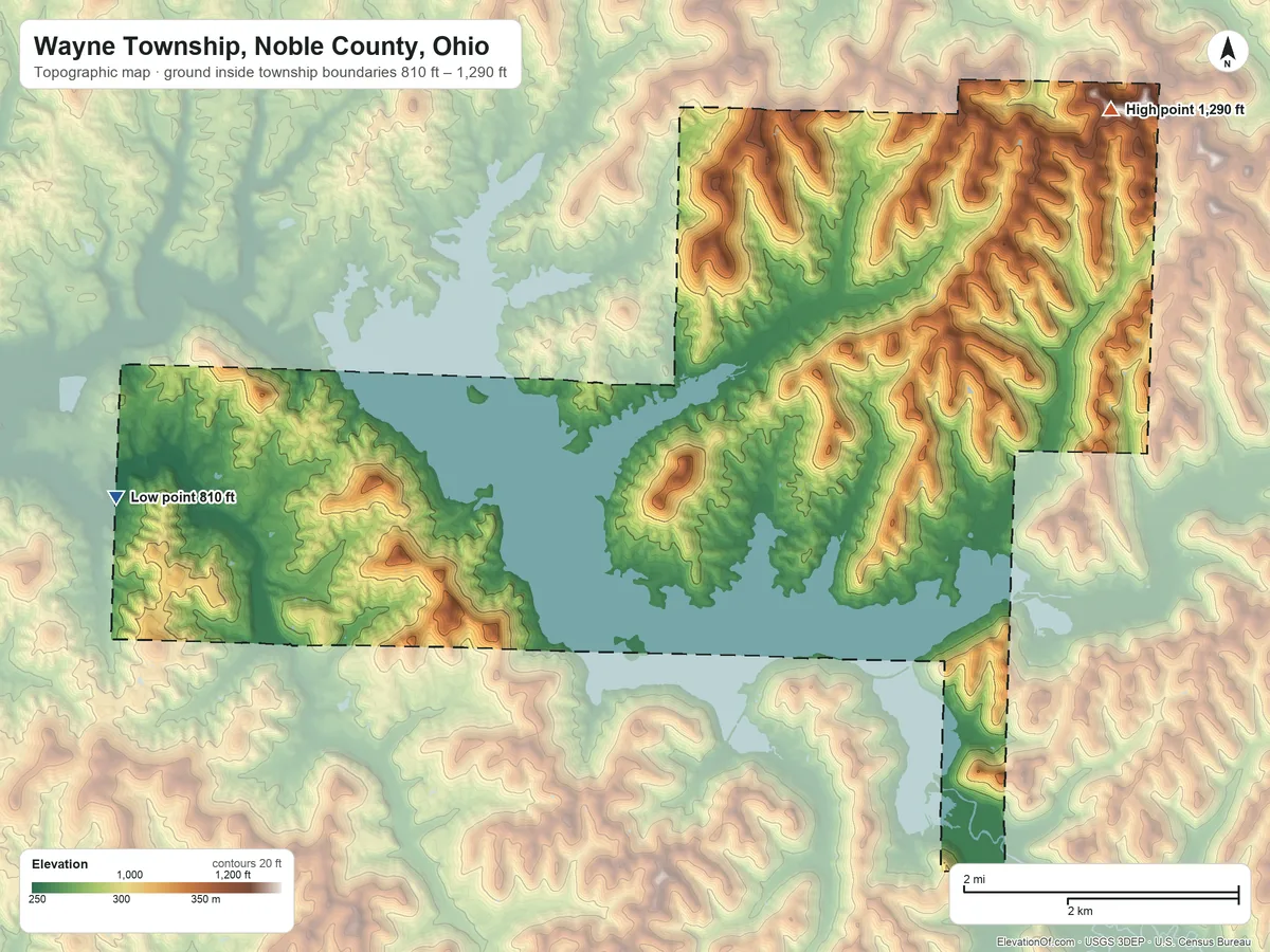 Topographic elevation map of Wayne Township, Noble County, Ohio, shaded from 810 ft on the west side to 1,290 ft on the northeast side