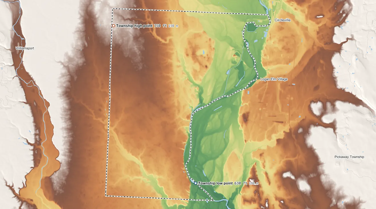 Topographic elevation map of Wayne Township, Pickaway County, Ohio, shaded from 630 ft on the south side to 750 ft on the northwest side