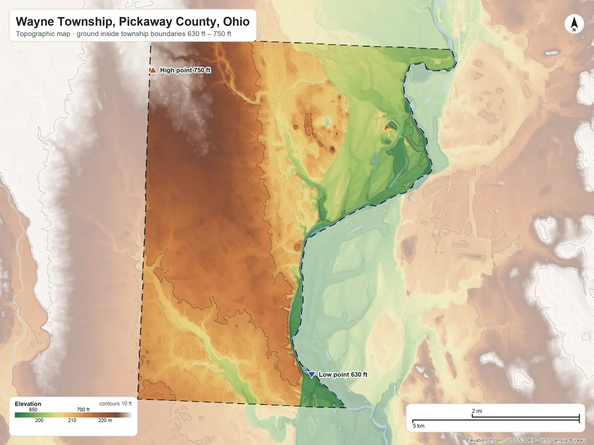 Topographic elevation map of Wayne Township, Pickaway County, Ohio, shaded from 630 ft on the south side to 750 ft on the northwest side