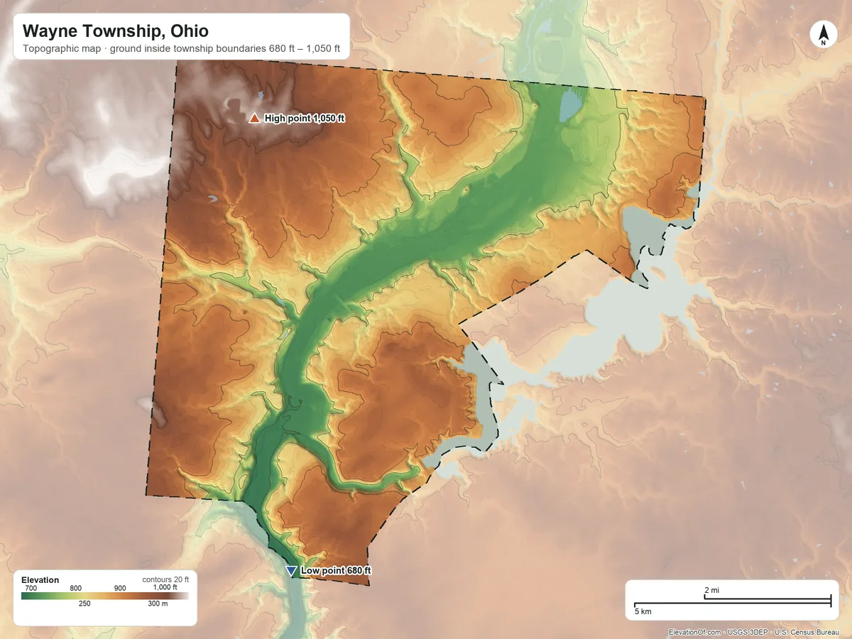 Topographic elevation map of Wayne Township, Ohio, shaded from 680 ft on the south side to 1,050 ft on the northwest side