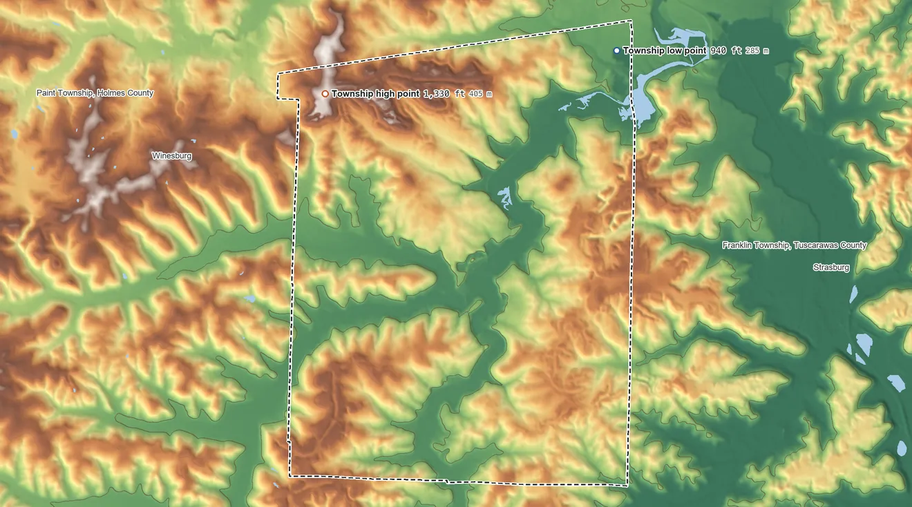 Topographic elevation map of Wayne Township, Tuscarawas County, Ohio, shaded from 940 ft on the northeast side to 1,330 ft on the northwest side